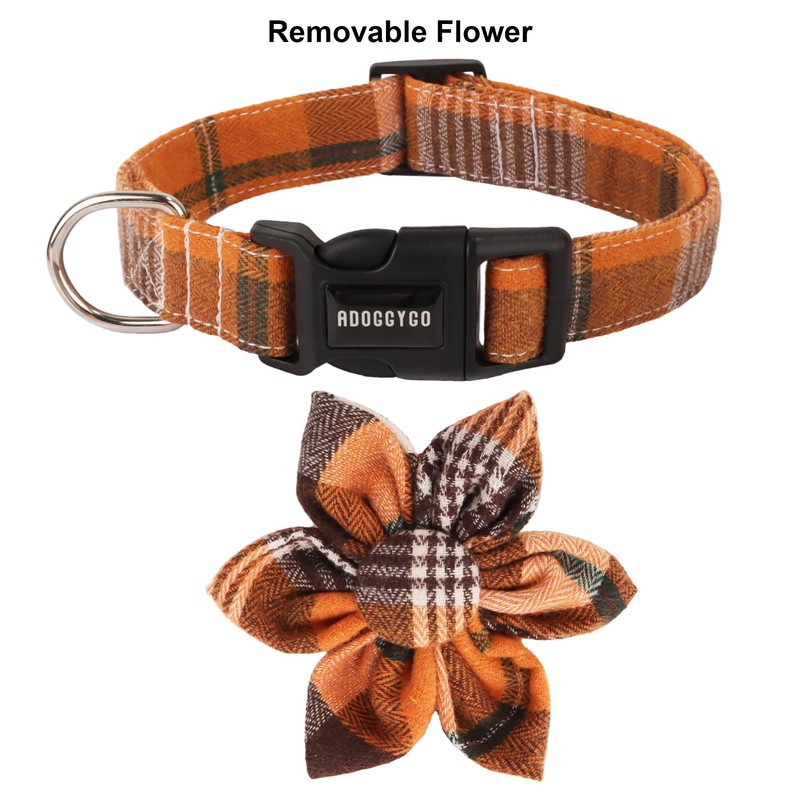 ADOGGYGO Fall Dog Collar with Detachable Floral, Adjustable Orange Plaid