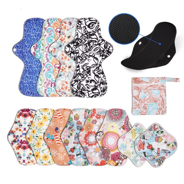 2022 Breathable Mesh Surface, Pack of 12 Mix Size Reusable Sanitary Pads Women's Hygiene Pads for Light Medium Heavy Flow and Night, Washable Cloth Sanitary Towels