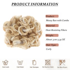 ELAINE Combs Messy Bun Hair Piece Curly Dish Hair Buns Extension Thick Chignon Hairpiece Clip in Ponytail Scrunchies Hair Pieces for Women (Honey Blonde Tip Bleach Blonde-#43B)
