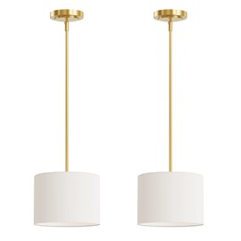 Electro bp;9" Dia White Linen Drum Shade Hanging Pendant Light Fixture with Polished Gold Pole Kit,E26,Hardwired,2-Pack;