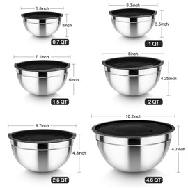 TeamFar Mixing Bowls Set of 6, Stainless Steel Mixing Bowls Nesting Salad Bowl with 3 Grater Attachments, for Food Cooking Prepping Storing, Black - Size 4.6/2.6/2 / 1.5/1 / 0.7 QT