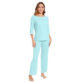 WiWi Viscose from Bamboo Womens Cute Pajamas Set 3/4 Sleeve and Crew-neck Sets with Drawstring S-XXL, Aqua, Small