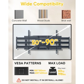 FORGING MOUNT Long Arm TV Wall Mount with 36" Extension Dual Articulating Full Motion TV Mount Bracket for 50"-90" Flat Curved TVs, Easy Install on 16" 24" Studs Max VESA 600x400mm up to 198lbs