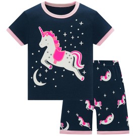 Girls Pyjamas Summer Shorts Sets Glow in the Dark Unicorn 100% Cotton Sleepwear Short Sleeve 2 Piece Outfit for Kids Age 5-6 Years
