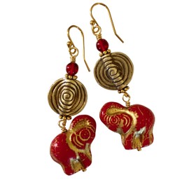 Czech Red Elephant Earrings, Premium Czech Glass, Scarlet Red Gold Glass Elephants, Solid Brass Spiral Coin, Ethnic, Boho, Animal Lover.