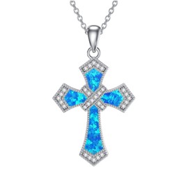 ROMANTICWORK Cross Necklace Women's 925 Sterling Silver Blue Opal Cross Pendant Necklace Cross Jewellery Gifts for Women Ladies