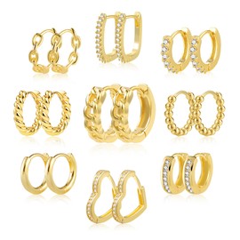 ALEXCRAFT 14K Huggie Gold Hoop Earrings Set for Women with Glossy Cubic Zirconia Twisted Heart Piercing Hoops 9 Pairs