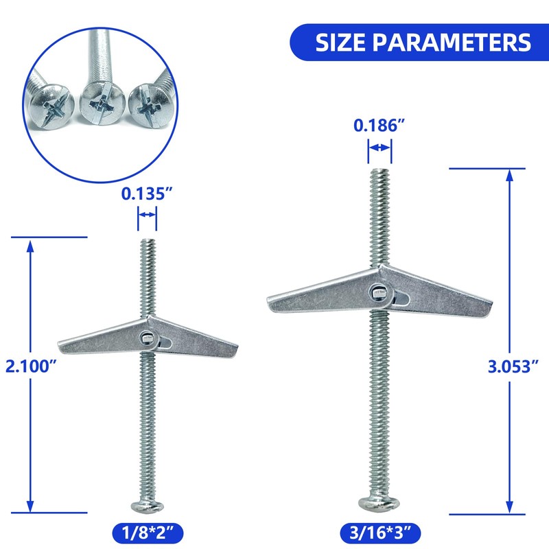 1/8" x 2" Toggle Bolts and Wing Nut- Spring Toggle