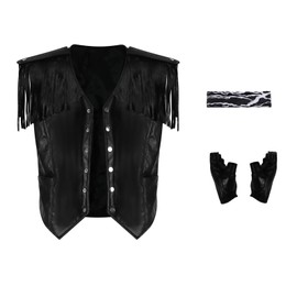Men's Fringe Leather Vest Cowboy Costume Vest Sleeveless Jacket Bandana Gloves Set Adult Tassel Outwear XL
