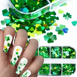 Laser Green Glitter Nail Art Sequins, Holographic 3D Sparkly Flakes Decoration, Love Heart Stars Shamrocks Music Leaf Nail Art Design Supplies for Women Girls Manicure Charms Decorations DIY Crafts