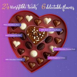 Valentines Chocolate Candy, Valentines Day Assorted Gourmet Belgian Heart Chocolate Truffles, Gifts for Him and Her in Elegant Red Heart Gift Box. Milk, Dark, Strawberry, 6 Flavors with 24 Treats