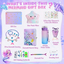 Mermaid Gifts for Girls,Mermaid Toy Birthday Set with Dairy DIY Diamond Painting Water Bottle Kits Plush Cushion Purse Jewellery Set
