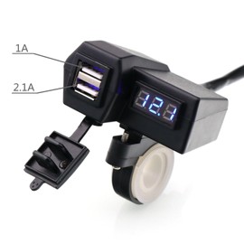 Waterproof Motorcycle 5V 3.1A Dual USB Charger & Blue Voltage Display Voltmeter for 7/8 and 1" Handlebar Mounting