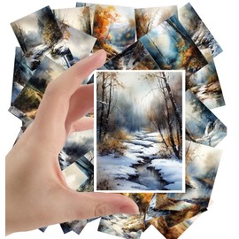 Large Stickers (24 pcs 2.5"x3.5" Each) Peaceful Wintery and Autumnal Forest Landscapes of Paths and Creeks Vintage Postcards Retro Greeting Card Book Illustration Reprint