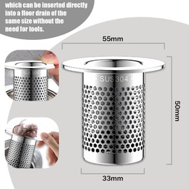 Plstod Pack of 2 Drain Strainers, 5 cm Silver Hair Strainer Shower, Strainer Shower Drain Hair, Stainless Steel Drain Strainer, Can be Used for Kitchen, Bathroom, Balcony Floor Drain, Applicable Hole