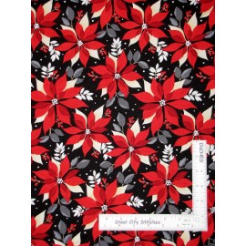 Benartex (Kanvas Studio) Christmas Poinsettia Flower Toss Black Fabric Benartex Winter Story By The Yard