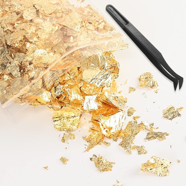 BEIHOO Gold Foil Sheet for Hair, Flake, 0.2 oz (5 g), Includes Tweezers, Imitation Gold Foil Hair Ornament, Coming of Age Ceremonies, Weddings, Graduations, Gel Nails, Self Nail DIY Jewelry, Crafts, Resin, Fine Arts, Paintings, Decoration