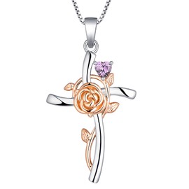 YL Cross Necklace 925 Sterling Silver Flower Rose Crucifix Pendant Created Amethyst Criss Jewelry for Women