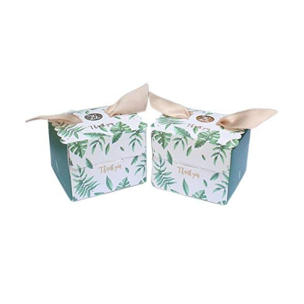 AmaJOY 50PCs Palm Leaf Pattern Favour Box with Ribbon Elegant Candy Box for Wedding Favour Party Favor Baby Shower