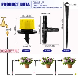 VooGenzek 120 Pieces 4/7 mm Automatic Drip Irrigation Set, 40 Adjustable Micro Drip Droppers + 40 T Connectors + 40 Micro Drip Pipe Holders for Hose 4/7 mm, for Garden, Lawn, Yellow
