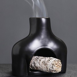 Palo Santo Burner, Ceramic Incense Holder, Sage Sticks Censer, Burn Palo Santo Sticks Andincense Safely, Sage Smudge, Meditation Accessories Aromatherapy Diffuser, Mini Chiminea Ash Catcher (Black)