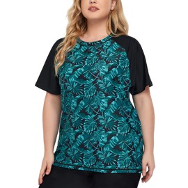 Inno Women's Plus Size 2 Piece Rash Guard Swimsuits Short Sleeve with Boyshorts UPF 50+ Surfing Swimwear, Floral 3, 5X