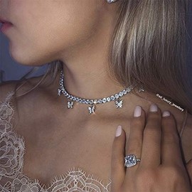 Doubnine Butterfly Necklace Choker Bling Iced CZ Tennis Chain Jewelry Gift for Women Girls (gold)
