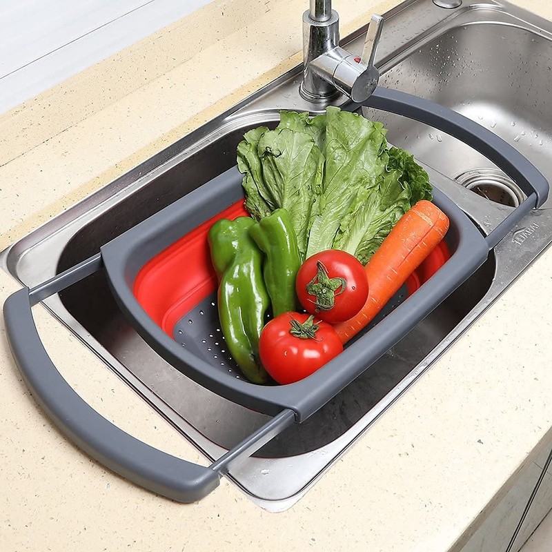 Collapsible Colander, Red Food Strainer Over the Sink Colanders Strainers