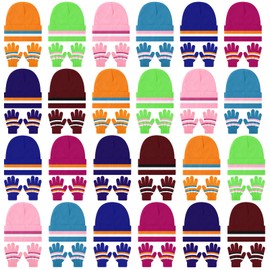 Funtery 48Pcs Kids Beanie and Gloves Winter Set Bulk Pack Knit Hat Unisex Magic Gloves Pack Winter Gift for Boy Girl Donation (Rich Color)