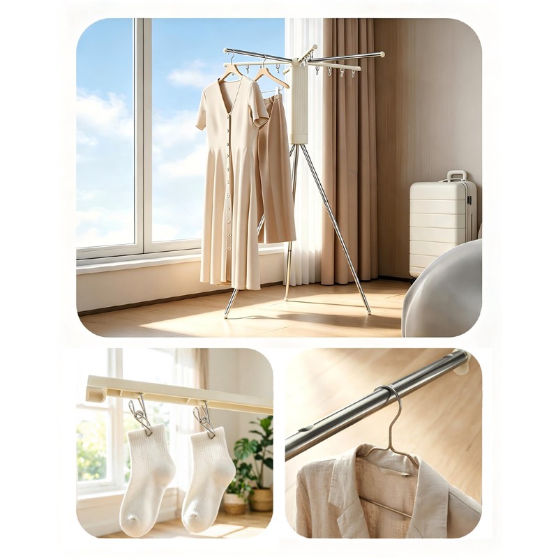 Foldable Tripod Clothes Drying Rack - 6 Clothes Arms &