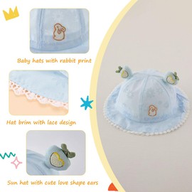 HEOXIN Infant Unisex Baby Boy Girls Lace Sun Hat, Toddler Summer Beach Hat with Cute Rabbit Print, Princess Ear Protection Bonnet Cap with Adjustable Chin Strap for 6 Months-2 Years, Blue, Size 48CM