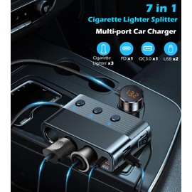 7 in 1 Cigarette Lighter Splitter, LIHAN 3 Socket Car Charger Adapter, Type-C QC3.0 PD 30W Charging, Dual USB Charging Ports, Independent Switches, LED Voltmeter, Plug Outlet 12V/24V(3.3ft Cable)