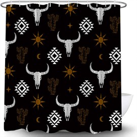 Western Aztec Bull Skull Shower Curtain Boho Farmhouse Abstract Geometric Vintage Longhorn Cow Native Tribal Ethnic Southwest Cactus Black Brown Bathroom Curtain Set with Hooks
