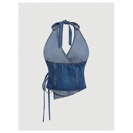 MakeMeChic Women's Halter Denim Top Wrap Asymmetrical Backless Fitted Y2K Crop Tops Blue Medium