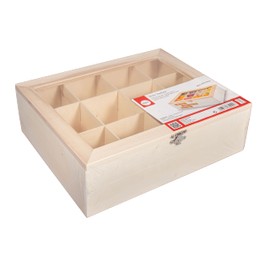 Rayher 62972505 Tea Storage Box with 12 Compartments, Wooden Tea Chest with Lid, Natural Wood, 28.5 x 23.5 x 7 cm