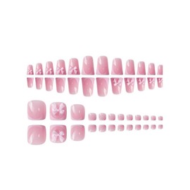 48Pcs Pink French Tips Press on Nails Skin Tones Press on Toenails Duck Stick on Nails with 5D Bow Charm Design Full Cover Pink Fake Nails Glossy Summer False Toenails for Women Girls DIY Manicure