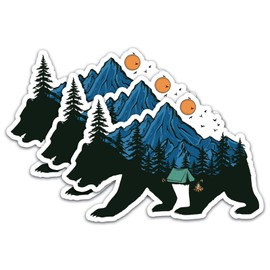 (3Pcs) Camping Mountain Stickers Wild Bear Stickers Decal Waterproof Vinyl Stickers Adult for Laptop Car Tumbler Water Bottle Mug Phone Notebook Helmet Size 3”x2”