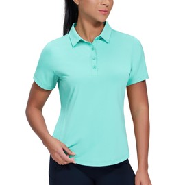 MIER Womens Golf Polo Shirts Short Sleeve Dry Fit Sun Protection Active Shirts Collared Tennis Tops, 4 Buttons, Aqua, L