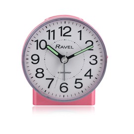 Ravel - Round Mid Sized Bedside Quartz Alarm Clock - RC039.5 - White/Metallic Pink