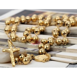 Flongo Womens Men's Stainless Steel 8mm Beads Gold Jesus Christ Crucifix Cross Rosary Pendant Necklace, 37 inch