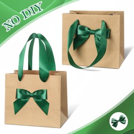 Honoson 50 Pcs No DIY Small Gift Bags with Handle 4 x 2.75 x 4.5 Mini Paper Bags Bulk with Bow Ribbon for Party Favor Wedding Birthday Guests Baby Shower(Green)