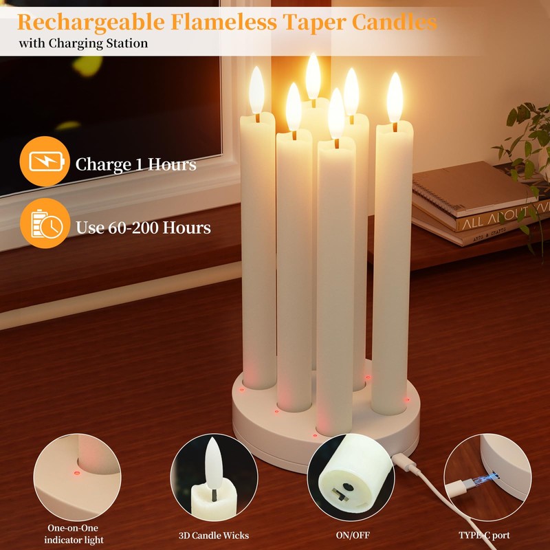 Rechargeable Flameless Taper Candles with Charging Station 6Pcs Real Wax
