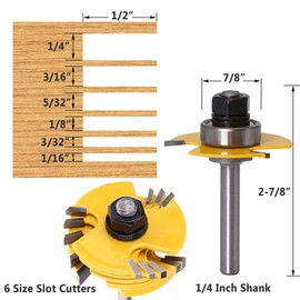 Yakamoz 1/4 Inch Shank 3-Wing Adjustable Slot Cutter Router Bit Set with Bearings | 6-Picecs Slotting Cutting Blades, 1/2 Inch Cutting Depth, 6 Different Cutting Widths