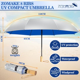 ZOMAKE UV Compact Umbrella Windproof Strong for Travel,Sun Umbrellas Folding Automatic With Wooden Handle for Men Women(Silver Navy Blue)