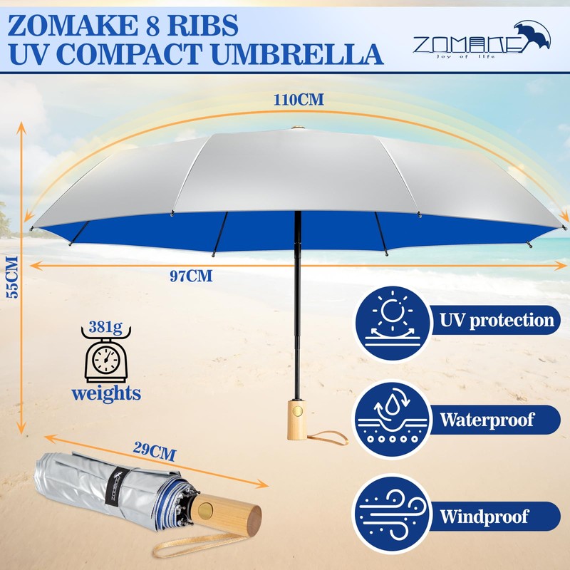 ZOMAKE UV Compact Umbrella Windproof Strong for Travel,Sun Umbrellas Folding