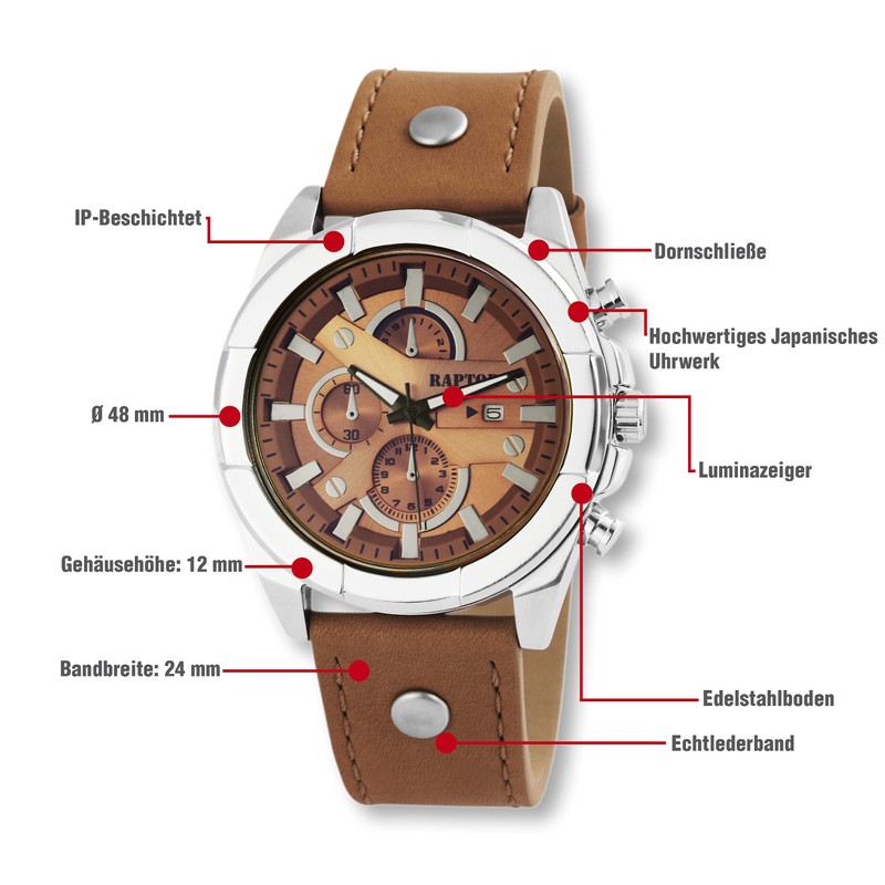 Raptor Men's Chrono-Look Watch with Riveted Bracelet Brown Analogue Date