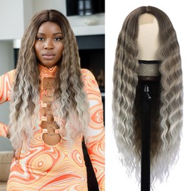 Brown 28 Inch Curly Wig Long Wigs for Black Women Loose Deep Wave Ash Blonde Synthetic Lace Front Wig 4" Simulated Scalp Middle Part Natural Crimps Curls Hair Replacement Wigs for Daily Party Use