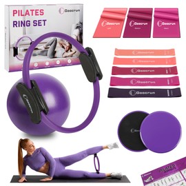 Goocrun Pilates Ring Set Exercise Equipment with Exercise Bands Resistance Bands Set, Pilates Ball, Sliding Disks – Workout Equipment Home Gym Includes Complete Fitness Poster (Purple)