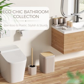 Bathroom Accessories Set - Beige Bathroom Set with Shower Curtain and Rugs, Trash Can, Toilet Brush with Holder, Soap Dispenser, Toothbrush and Toothpaste Holder, Cup, Soap Dish, Qtip Holders, Tray