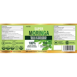 Herba Organic Moringa Capsules - 1000mg Per Day | 180 Moringa Leaf Capsules | Made in Canada | 500mg of Pure Moringa Powder per Capsule
